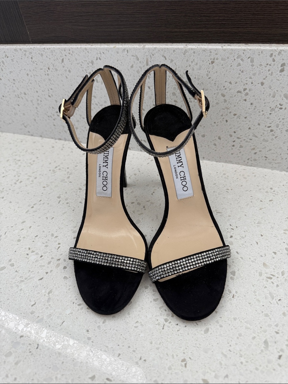 Jimmy Choo Black Suede Dochas 100 Crystal Ankle Strap Sandals Heels Size 36.5